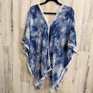 Women’s Blue Tie Dye Boho Kimono Cover Up Lace Trim One Size